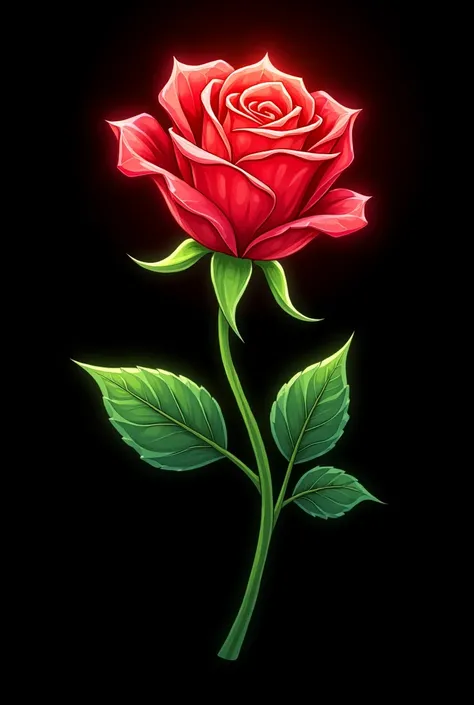 Bright red crystal rose with bright green downward arching stem on a black background. Classic stained glass cartoon style with bright aura. Simpler in 2D. less realistic. Even less realistic. Cracked