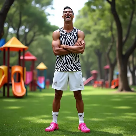 This picture is of Cristiano Ronaldo posing in the park. Shes wearing a zebra print tank top, white shorts, and pink crocs. He has a big smile on his face and his eyes are wide open, as if hes laughing or making some silly face. his arms are foldedAnd he i...