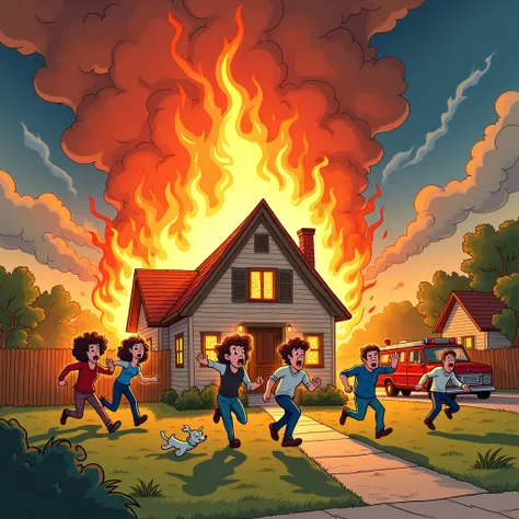 Create a dramatic yet cartoonish illustration of a house on fire with people running away in a panicked but exaggerated, humorous style. The house should be engulfed in bright, animated flames, with smoke rising into the sky in swirling patterns. The human...