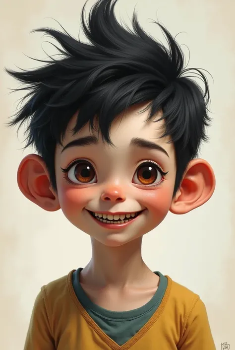 Boy with teeth like monkeys  white skin average height and weight. His name, Mirazim, will be written at the top .his hair is like mushrooms but black. Brown eyes 
