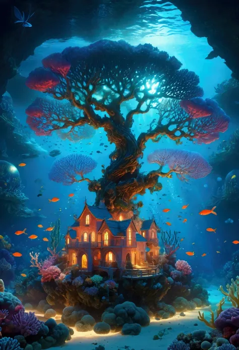 a whimsical underwater scene with ancient phosphorescent tree-corals sheltering sea sprite villages,delicate coral structures ag...