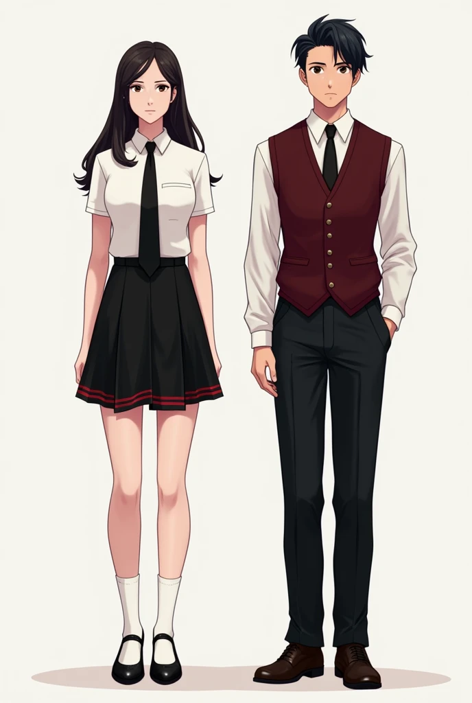 A rich American school uniform, the feminine with short black skirt with red stripes, white shirt with long black tie, the man wears black pants, a white shirt, black tie and a burgundy vest 