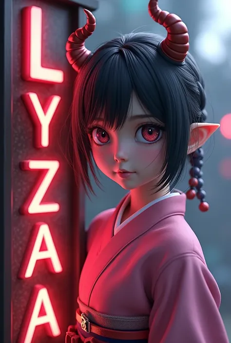 Image de nezuko de demon slayer en 3d, avec le prénom lyzea à la verticale en lettres 3d dans lunivers de demon slayer à côté de nezuko