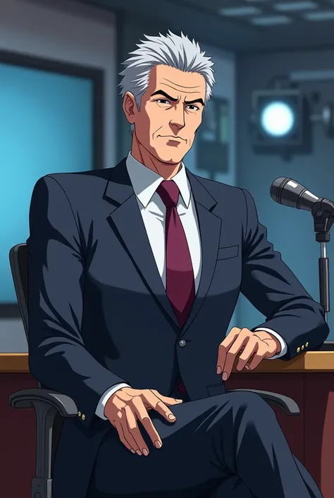 An Man anime character Who sitting besides tha studio and Looking like news reporter 