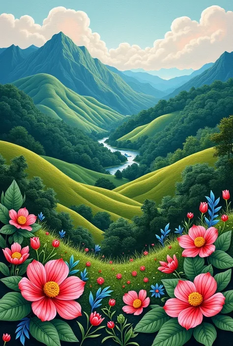 I want to start embroidery,  can you give me a outline  design for embroidery of western ghats with hills  make it easier with flowers,  embroidery with thread 