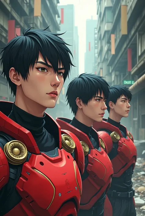 Vibrant, anime-style illustration Men are wearing Amman mechs, red and gold, highly detailed abandoned warehouse backgrounds, detailed faces, detailed complex busy backgrounds, messy, gorgeous, milky, detailed skin, realistic skin details, visible pores, s...