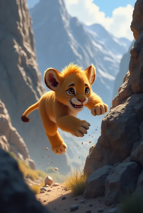 A  baby lion falling from mountain 