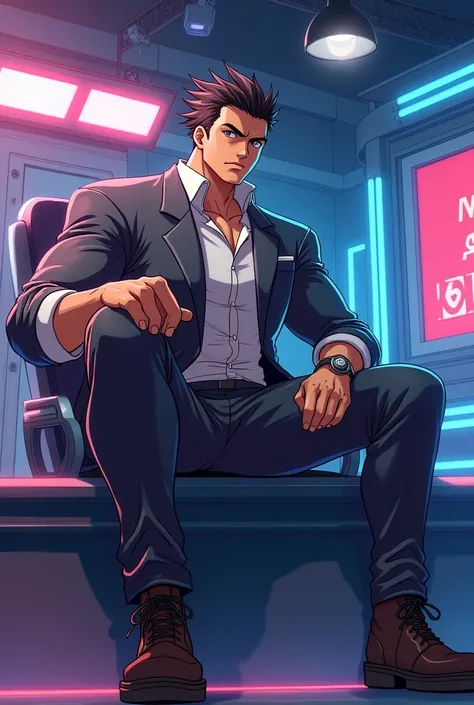 An Big boy anime character Who sitting besides tha studio and Looking like news reporter 