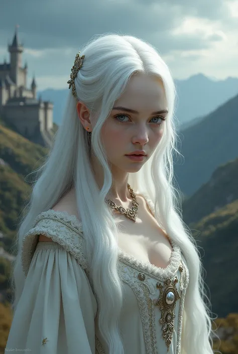 girl, white hair, white skin, medieval clothes, based on the "A Song of Ice and Fire" franchise by writer and screenwriter George RR Martin 