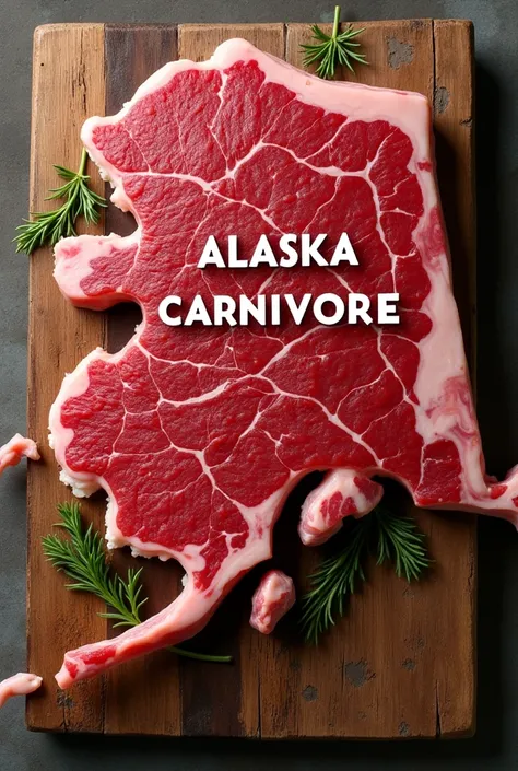 An illustration of a steak shaped like the outline of the state of Alaska. The state is formed by the curved slices of steak. In the background, theres a rustic wooden board with the text "Alaska Carnivore".