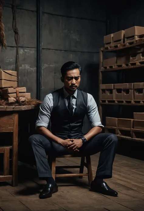 a handsome malay malaysian man, fainted, being kidnapped,Sit on wooden chair, hands handcuffed behind his back, in abondon warehouse,eyes blindfolded, wearing formal outfit without shoes/shoesless, black sock on table, feather duster on table(best quality,...