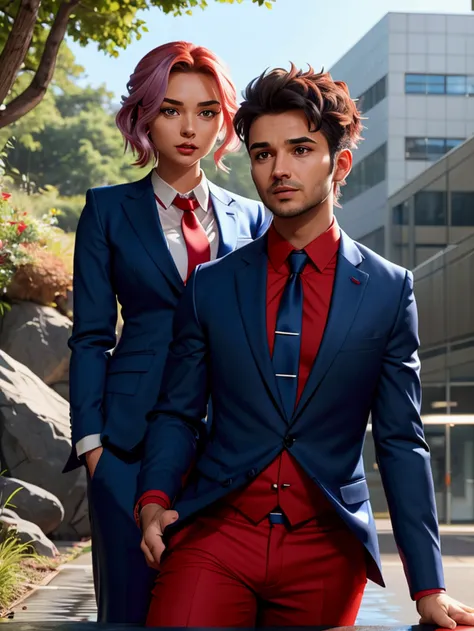 In the office, a cute hedgehog in a red business suit is actively gesticulating and arguing with a hedgehog in a blue business suit, the second hedgehog responds with facial expressions on its muzzle