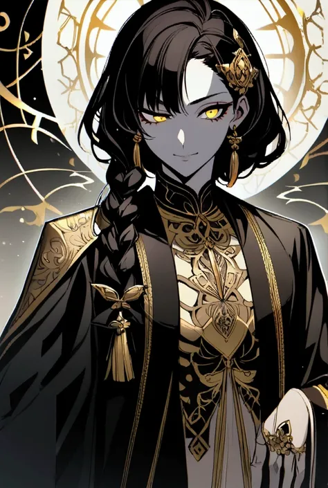 An architect God with a ruler in his hand with :Braid, yellow  eyes, slightly-smile, raised eyebrow, 
Bblack hair, aretes, 