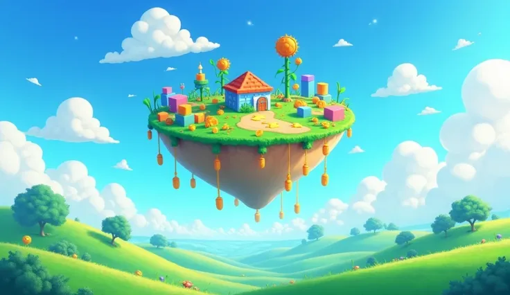 A green field with rolling hills and a clear blue sky with fluffy clouds in the style of Super Mario World.
A floating island in the sky with colorful blocks and shiny coins.