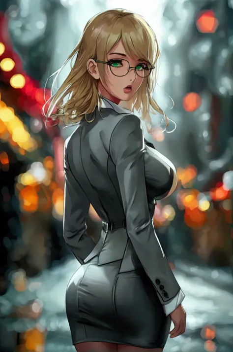 sexy woman,thin and muscular,(huge breasts)(busty)(huge legs)(Wide hips and small waist)(huge ass)He wears a formal grey jacket with a white shirt,and a short grey skirt,her outfit is very tight on her,She has medium blonde hair,very striking green eyes, g...