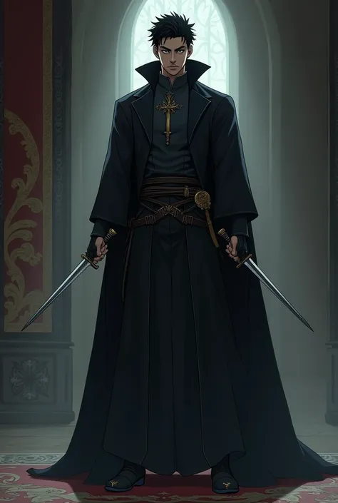 A man advisor medieval king&#39;s clothing dressed in black with two daggers in his hands assassin style short black hair thin mustache Japanese anime style 
