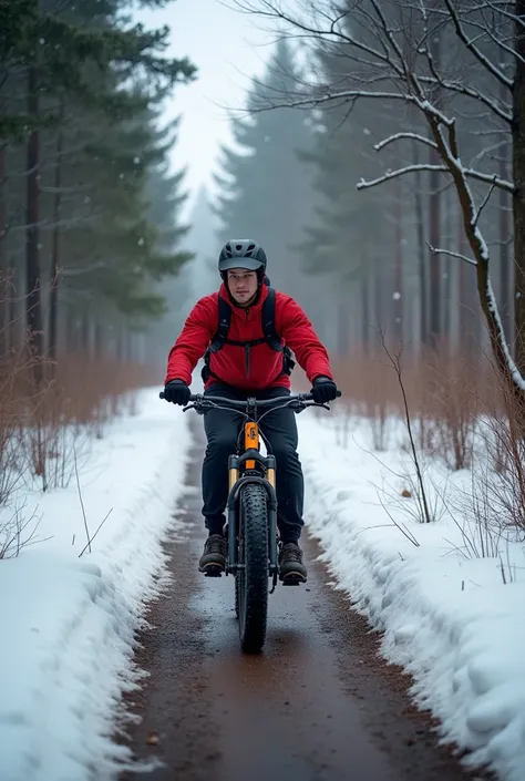 (photorealism:1.2), young man riding a fat tire mountain bike along a pathway in a forest during the winter. Snow is on the ground 