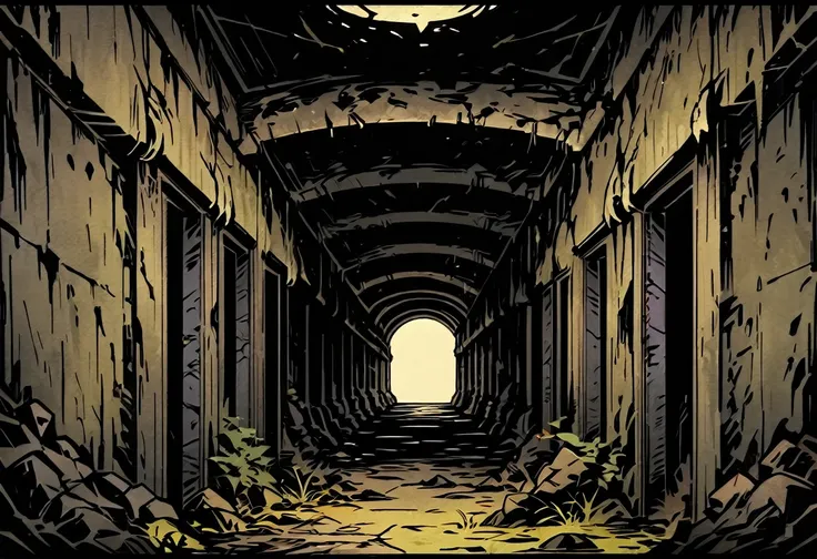 old corridor in abandoned military base, masterpiece, Darkest Dungeon art, thick outlines style
