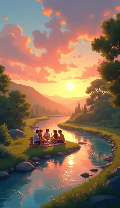 2d animated Background in sunset moment & River side picnic spot 