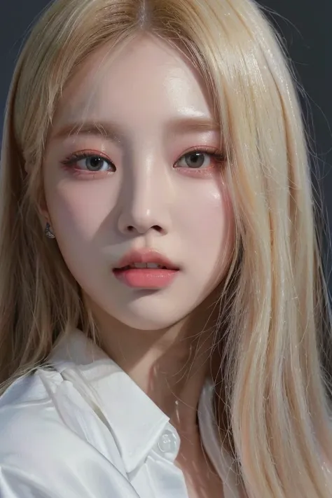 A closeup of a woman with long blonde hair wearing a white shirt, inspired by Yanjun Cheng, Portrait of Jossi from Blackpink, realist. Cheng Yi, roseanne park by blackpink, artwork in the style of Guweiz, korean idol woman portrait, kawaii realist portrait...