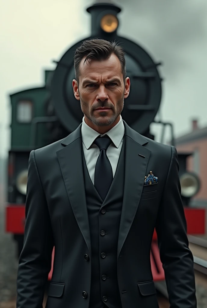 naughty man, short black hair, Grinning , Dressed in a sleek suit, whole body, looking at the camera, a locomotive behind, photorrealistic