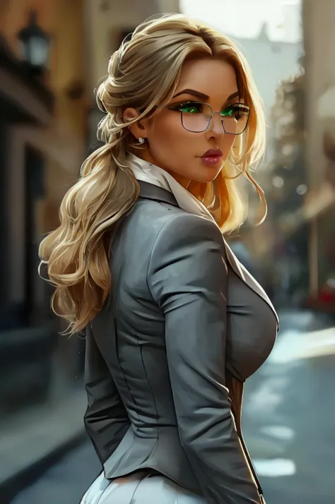 sexy woman,thin and muscular,(huge breasts)(busty)(huge legs)(Wide hips and small waist)(huge ass)He wears a formal grey jacket with a white shirt,and a short grey skirt,her outfit is very tight on her,She has medium blonde hair,very striking green eyes, g...