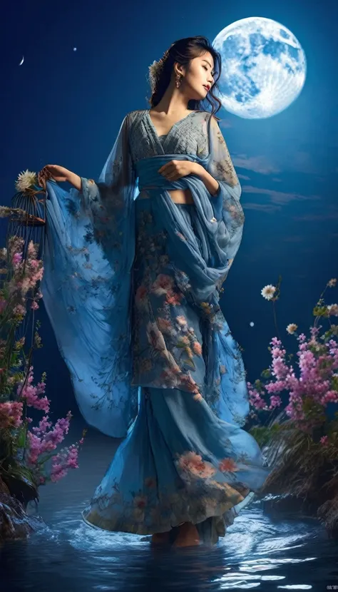 photoPractical,Practical,photography,masterpiece,best quality,Extremely detailed,1 woman,water,flower,Blue Theme,skirt,moon,
