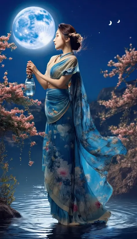 photoPractical,Practical,photography,masterpiece,best quality,Extremely detailed,1 woman,water,flower,Blue Theme,skirt,moon,
