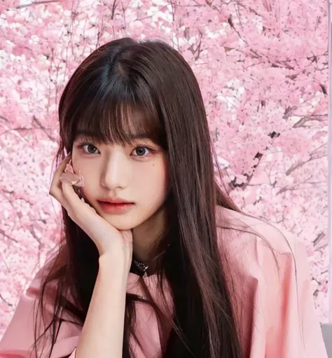 a close-up of a woman with long hair and a pink shirt, long hair with bangs completo, with bangs completo, jennie pink black, th...