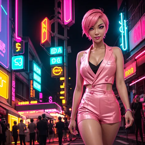 1girl, ((pink short hair)), Side fadecut hairstyle, Red eyes, eye shadow, (((neon skin))), walking on the street, elegant suit, seductive eyes, parted lips, smile,shine colorful, , Dinamic Pose, neon colors, polycrhomatic neon nyantcha,ratatatat74,retro_ne...