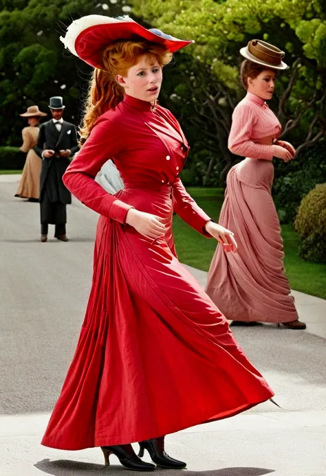 A sexy 13yo ginger Gibson Girl waking down a windy street. Year 1901. (((1900_dr3ss))). High-collar long sleeve red shirtwaist, wide-brimmed picture hat, long skirt, petticoats silk stockings, boots.