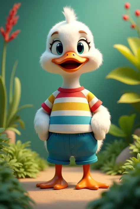 A duck with blue shorts and a striped t-shirt in a green area image size 9.16