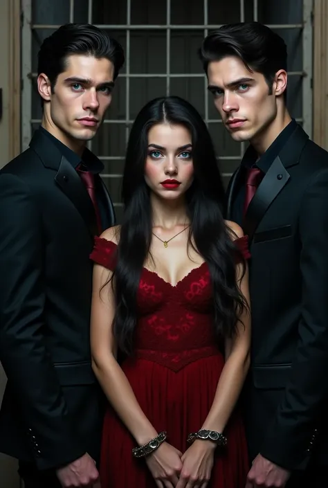 Create the image that on the left side of the girl there is a vampire(this one has vibrant blue eyes, has a serious and mysterious personality ,veste um sobretudo preto largo mellow, 30 years old, very masculine and attractive faces ), and on the right sid...