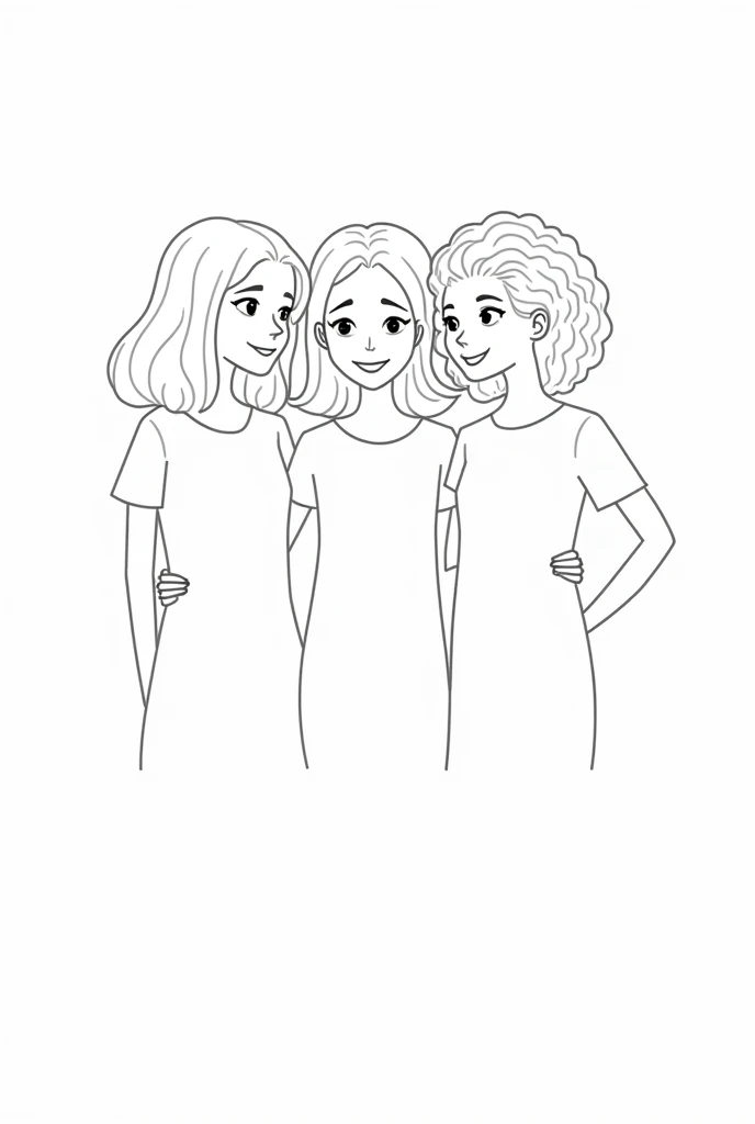 a line art style art with 3 friends, one with straight hair, one with wavy hair and one with curly hair