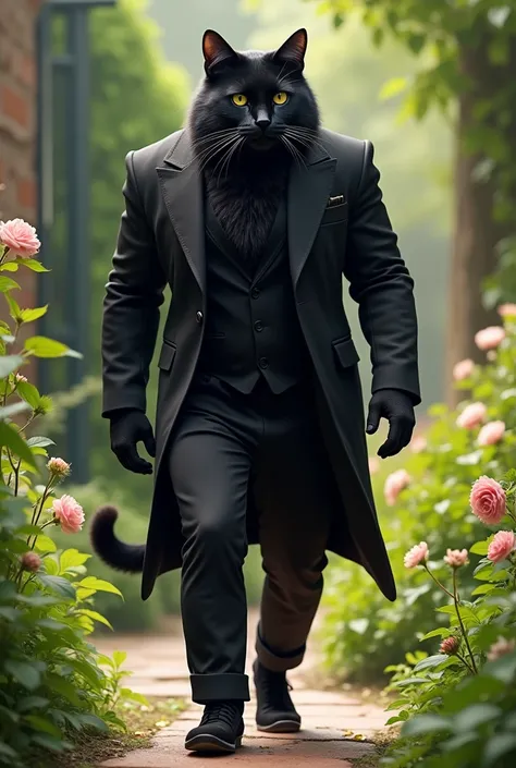 Ek black muscular cat jisne black jacket and pant pehni h wo garden me jaate huye seen garden k raste ka h or black cat aate huye