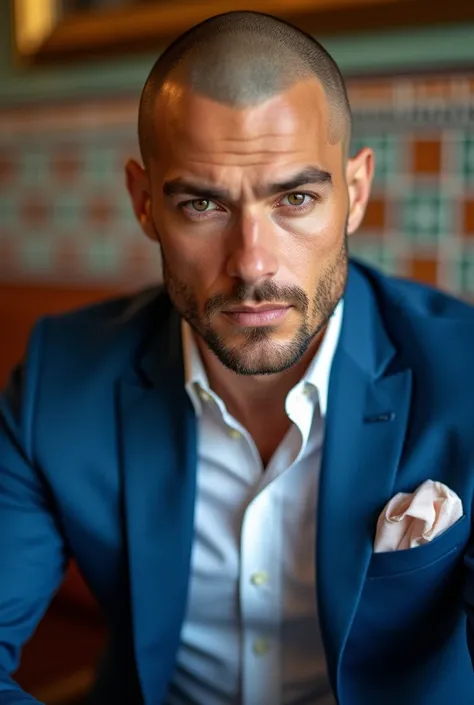 Close-up of a beautiful sexy skinhead man , in a blue suit and white shirt posing for a picture sitting in a moroccan cafe