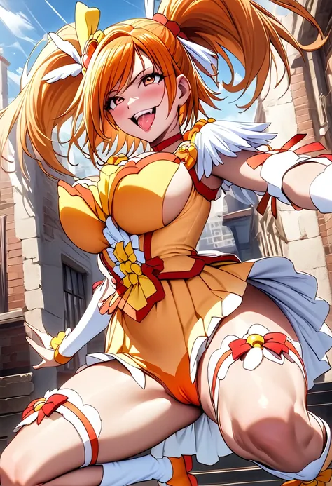 ((((Cure sunny))))、(Pretty Cure),(Super huge giant chest),(blue sky)、(City)、(((Orange tight clothes)))、(Squat)、(Smiling with teeth showing)、(Show me your crotch)、(Ahegao),{{{Browsing Caution}}}、{{{masterpiece}}}, {{{Highest quality}}}, {{ultra-detailed}}, ...