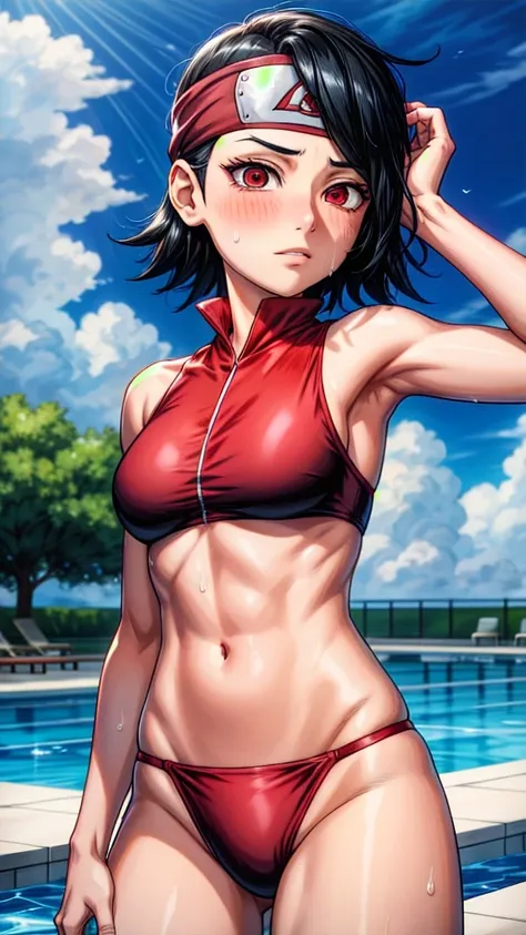 Character Sarada Uchiha a girl with short black hair wears a bandana on her forehead age: 14 years , wearing a red two-piece bikini in a pool setting, medium breasts, good abdomen, covered in water and a lot of sweat, blushing, hot weather, hands up, visib...