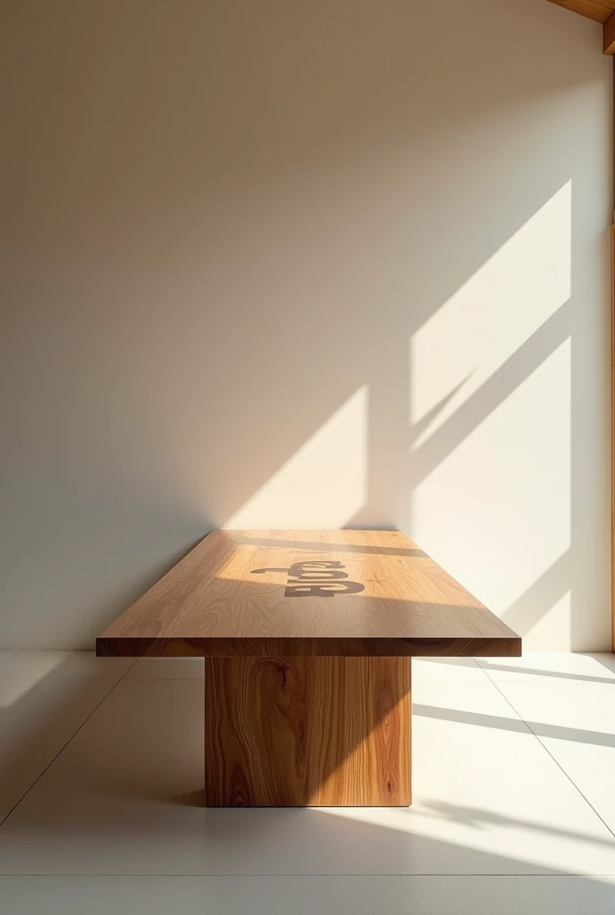 Long wooden table with logo with the word kyo on top