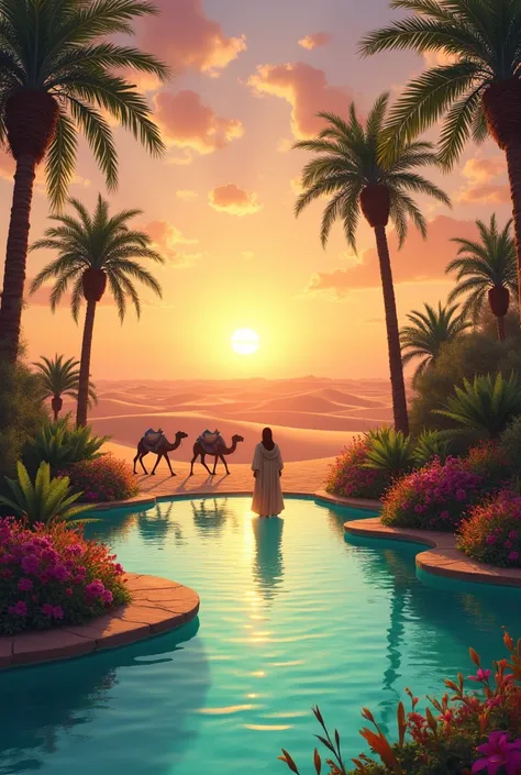 "A serene desert oasis at sunset, with a clear turquoise pool surrounded by lush palm trees and exotic flowers. The sky is a gradient of orange and pink with wispy clouds. In the distance, sand dunes stretch into the horizon, and a caravan of camels led by...