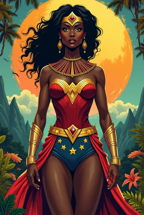 A black female superhero like Wonder Woman in the style of a comic book poster design but with symbols and colors that represent Africa 