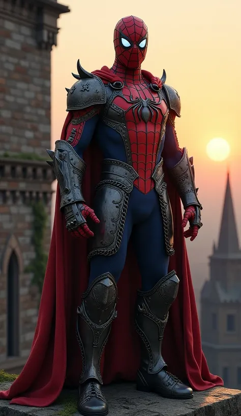 (high-quality 8K, masterpiece: 1.3) A hyper-realistic, cinematic portrayal of Spider-Man in a medieval-inspired armored suit. The suit is a fusion of sleek, high-tech web patterns with medieval armor elements—his iconic red and blue colors are replaced wit...