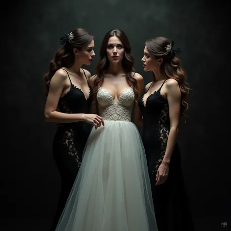 Masterpiece, 
Beautiful bride in white dress seduced by alluring lesbian vampires, evil, gothic black lace dress, flattering, cleavage, Long Hair, kiss, kissing, bride turning into vampire, evil aura, dark, evil, sexy, (full body)