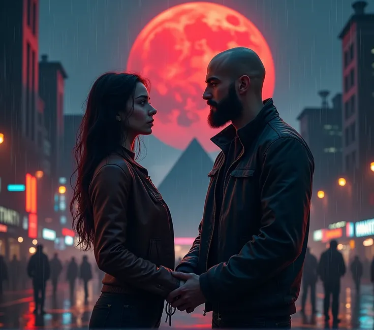 (photorealism:1.2), alicia and her bald with beard boyfriend holding hands at blood moon night in the rainy city 1:1 ratio photo pyramids and thunderstorms included