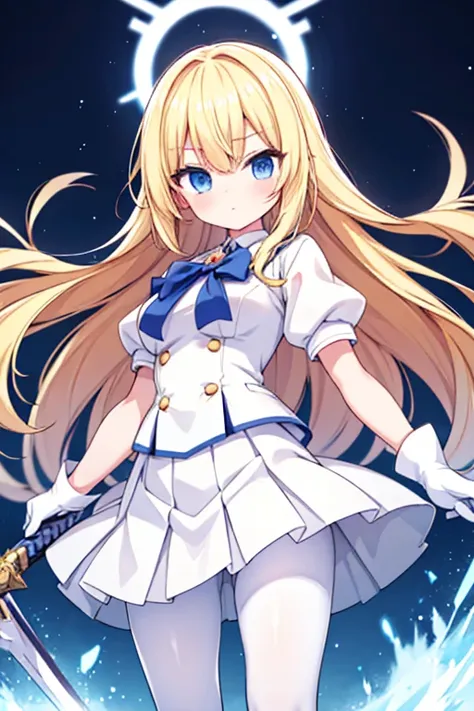 Blonde anime girl，White short-sleeved school uniform，White pleated skirt，White pantyhose，White gloves，In his right hand he holds a giant magical sword，In the Dark