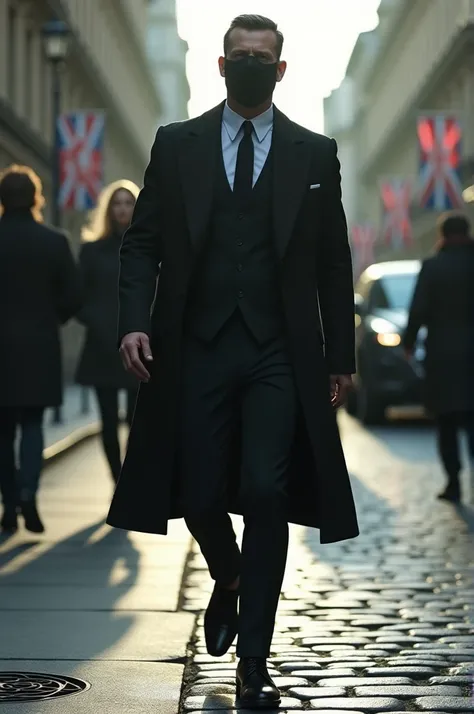 Masked British man walking down London street 