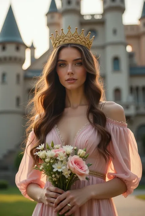 Caucasian white woman wearing a light pink dress, brown hair color, wearing a golden crown, carrying flowers under the chin, facing the camera with a slight smile, castle scenery
