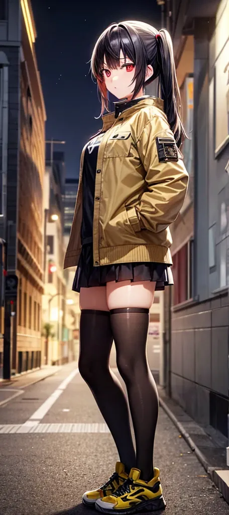 Anime visual of young female, dark yellow jacket, white camo miniskirt, hands in pockets, black hair, dark red eyes, city, night