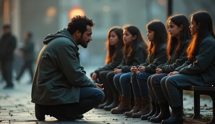 Luis, kneeling in front of the girls, reveals that he used to be a doctor. His expression is serious yet sincere, with a hint of sadness. The girls, sitting on a bench, show surprise and hope. The surrounding environment reflects the cold simplicity of the...