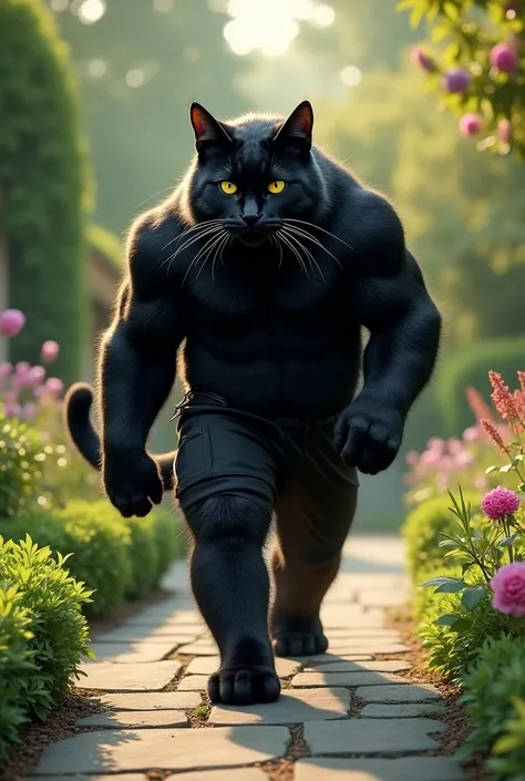 Ek black muscular cat jisne black jacket and pant pehni h wo garden me wapis  jaate huye seen garden k raste ka h or black cat garden se bahar uska back side  jaate huye